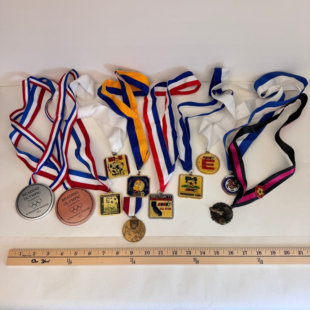 Vtg 1990s Lot of Soccer Medallion Necklace Ribbon Medals Awards Reading Pinback
